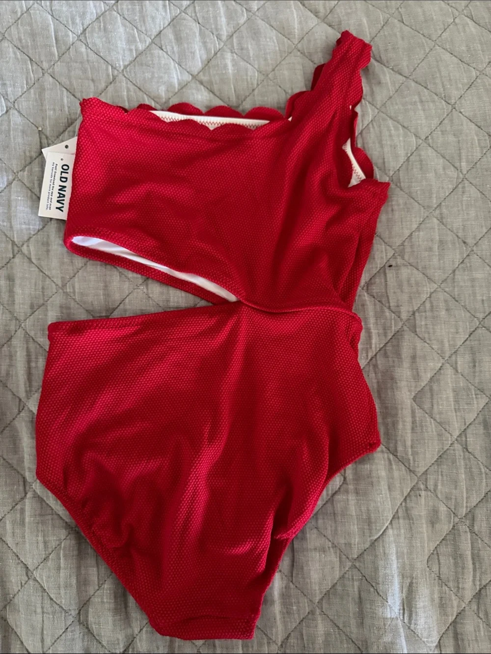 Old Navy Red One-Shoulder Scallop Trim Textured Swim Set